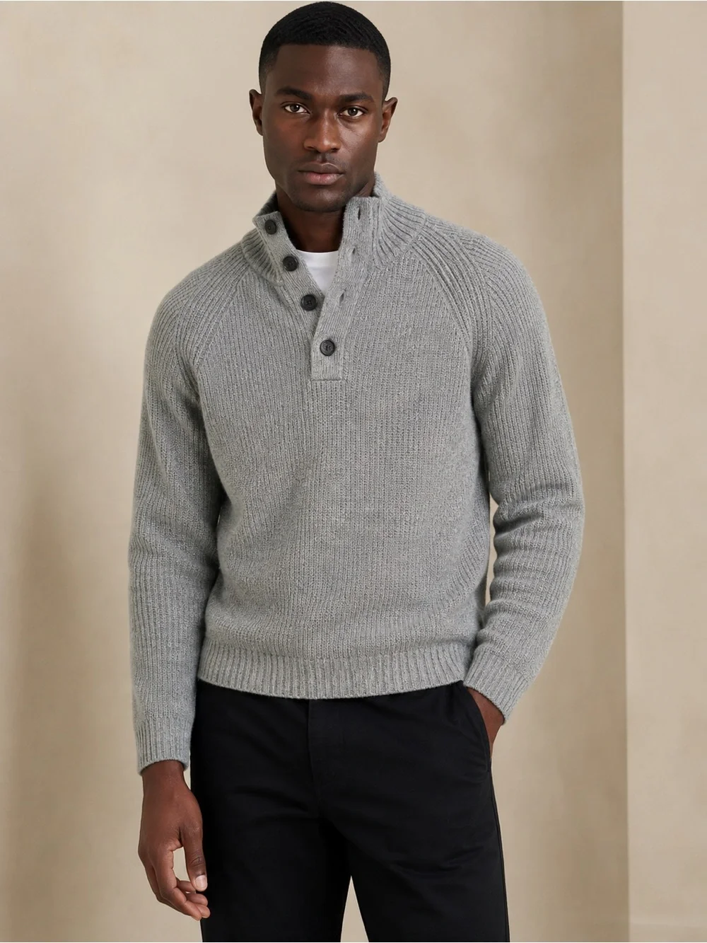 Banana Republic Italian Merino Wool Waffle Knit Mock Neck Henley Sweater L